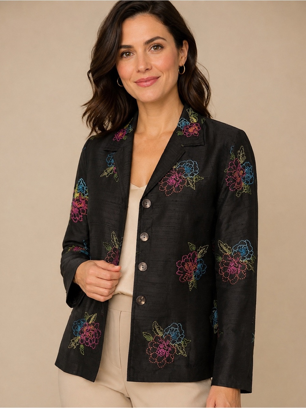Laura Ashley Petite Black 100% Silk Floral Embroidered Blazer Jacket